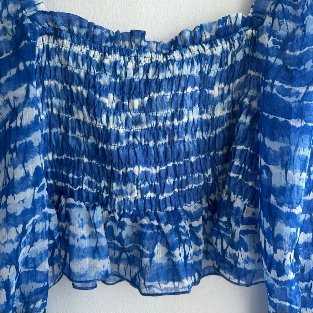 ZARA Blue Tie-Dye Smocked Puff Sleeve Top – Coastal Boho Festival Vibes Size L